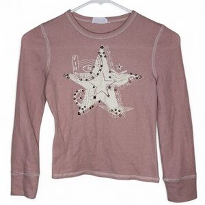 knit works Pink Star Embellished Girls Waffle Knit Long Sleeve Tshirt Size 10